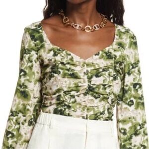 Green Floral Ruched Sweetheart Neck Blouse